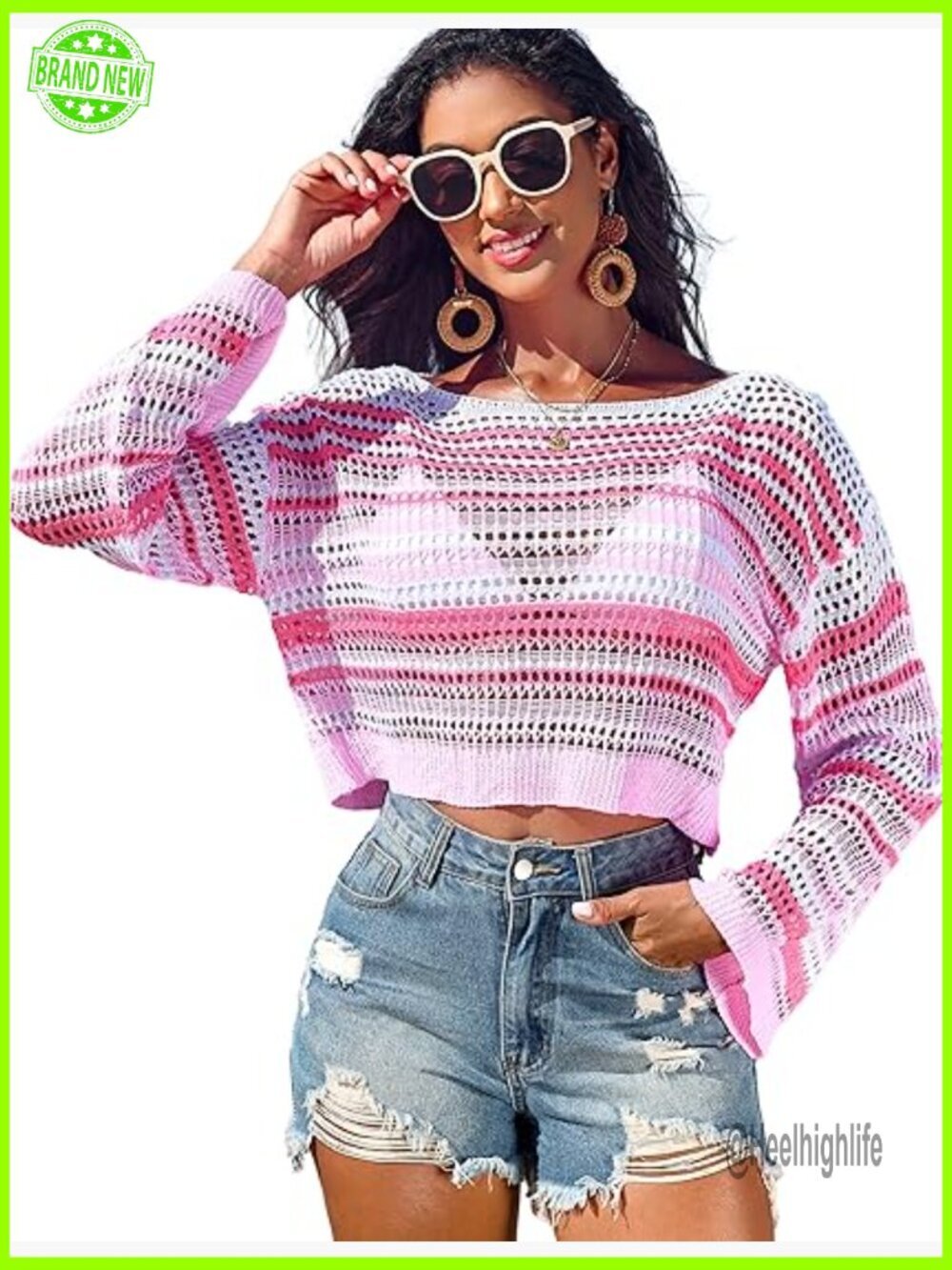 Long Sleeve Crochet Cover Up Top, Loose Fit, Polyester Spandex, Beach Vacation